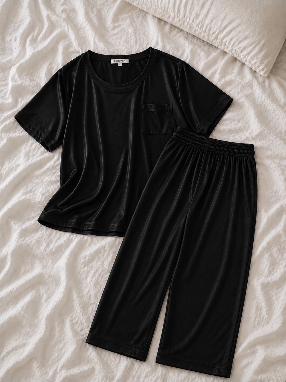 Ekouaer Black Short Sleeve Pocket Pajama Set Sz L